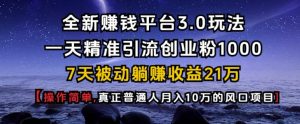 全新赚钱平台3.0玩法一天精准引流创业粉1000.7天被动躺Z收益21W【仅揭秘】-网创源码