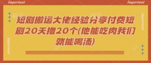 短剧搬运大佬经验分享付费短剧20天撸20个(他能吃肉我们就能喝汤)-网创源码