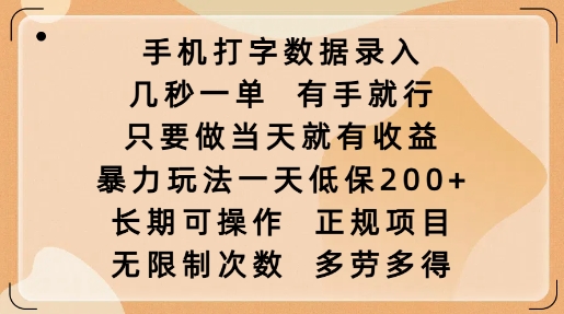 手机打字数据录入,几秒一单,有手就行,只要做当天就有收益,暴力玩法一天低保2张-网创源码
