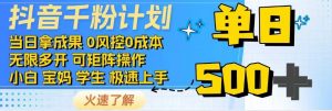 抖音千粉计划，日入500+，包落地，当日拿成果-网创源码