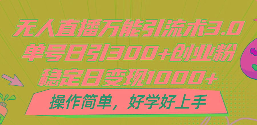 无人直播万能引流术3.0，单号日引300+创业粉，稳定日变现1000+，操作简单-网创源码