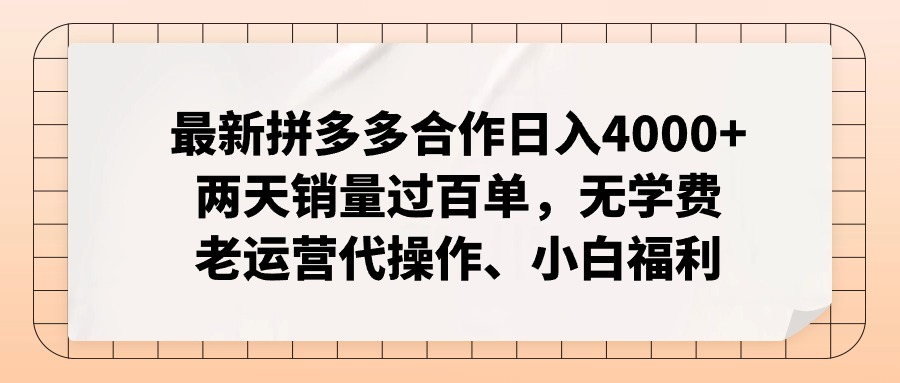 拼多多最新合作日入4000+两天销量过百单，无学费、老运营代操作、小白福利-网创源码