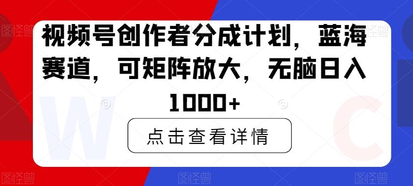 视频号创作者分成计划，蓝海赛道，可矩阵放大，无脑日入1000+-网创源码