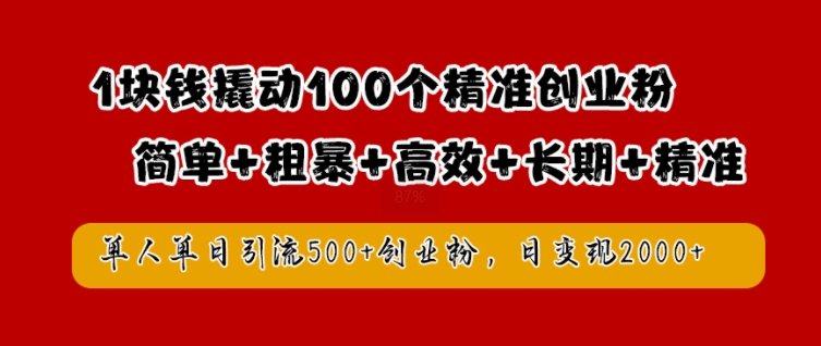 1块钱撬动100个精准创业粉,简单粗暴高效长期精准,单人单日引流500+创业粉,日变现2k【揭秘】-网创源码