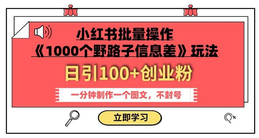 小红书批量操作《1000个野路子信息差》玩法，一分钟制作一个图文，不封号，日引100+创业粉-网创源码