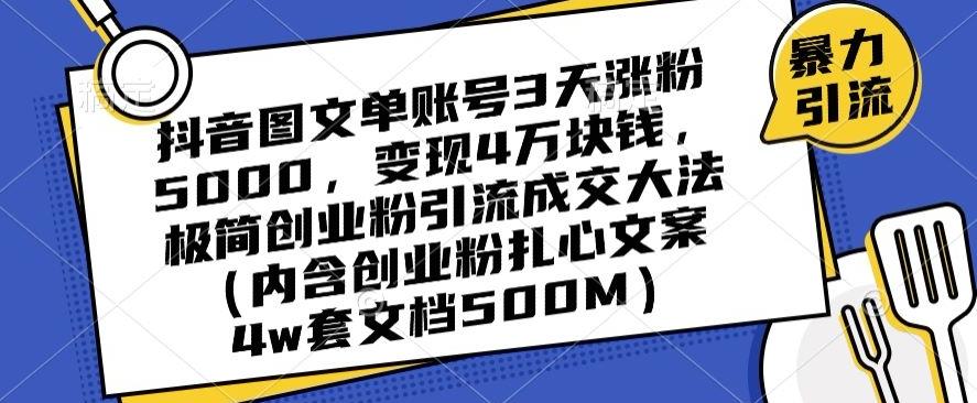 抖音图文单账号3天涨粉5000，变现4万块钱，极简创业粉引流成交大法-网创源码