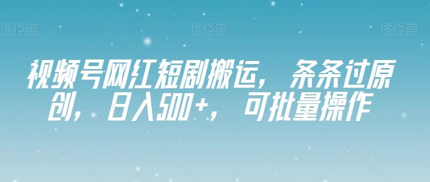 视频号网红短剧搬运，条条过原创，日入500+，可批量操作【揭秘】-网创源码
