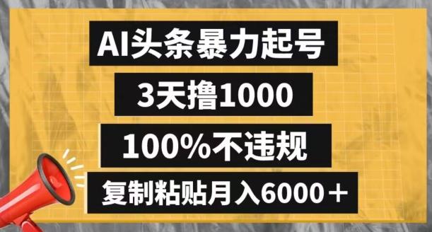AI头条暴力起号，3天撸1000,100%不违规，复制粘贴月入6000＋【揭秘】-网创源码