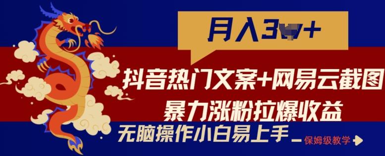 抖音热门文案+网易云截图暴力涨粉拉爆收益玩法，小白无脑操作，简单易上手【揭秘】-网创源码