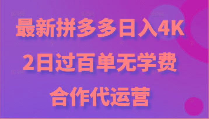 最新拼多多，日入4K+，2日过百单无学费，合作代运营-网创源码